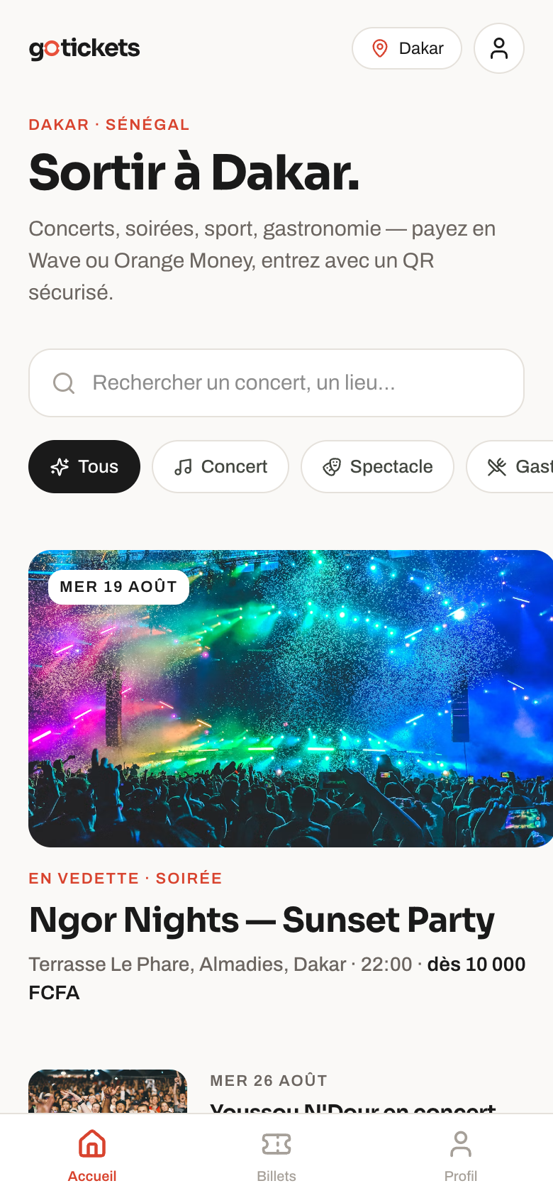 Application client GoTickets : découverte des événements à Dakar et achat de billets