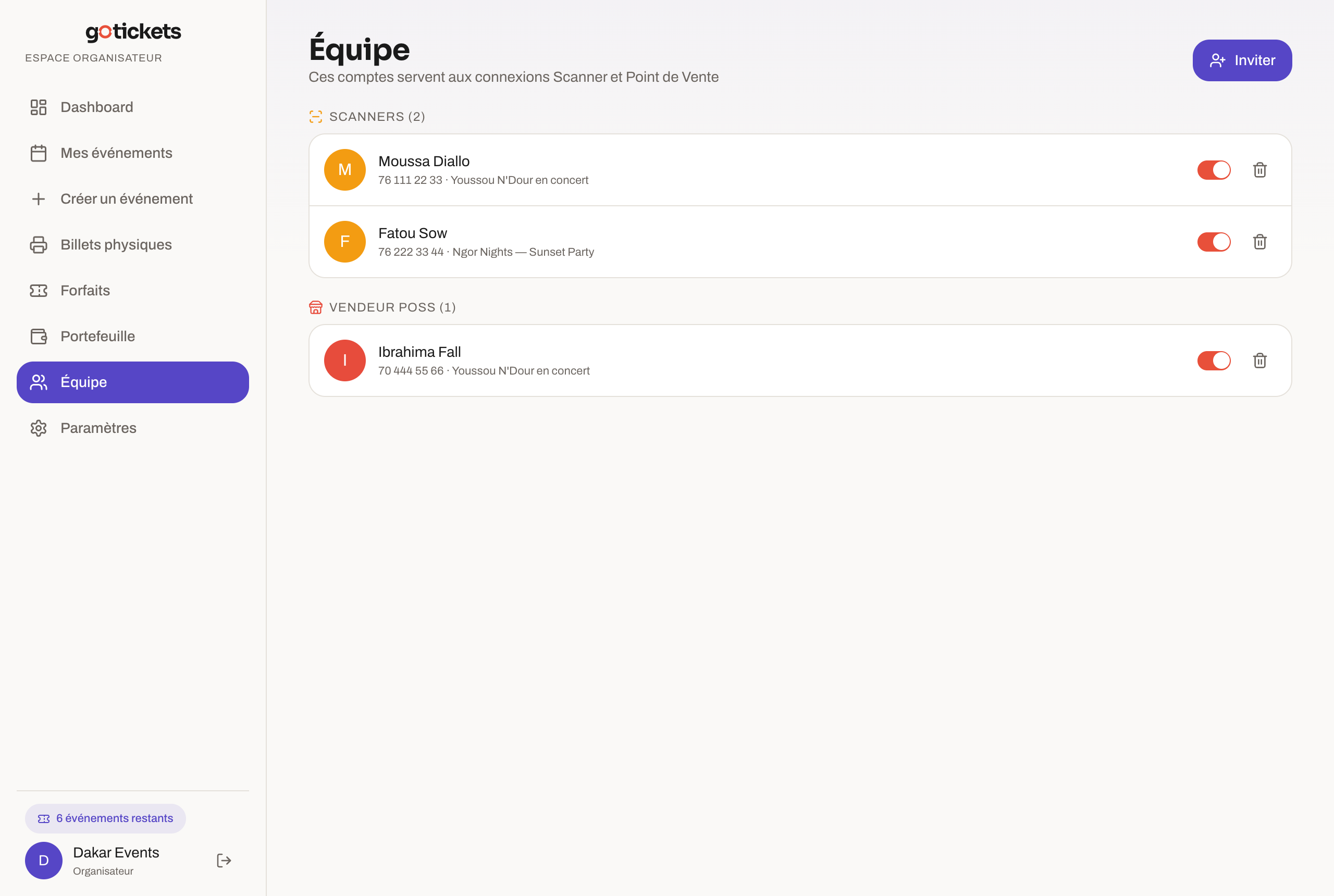 Page Équipe GoTickets : scanneurs et vendeurs POS avec accès activables