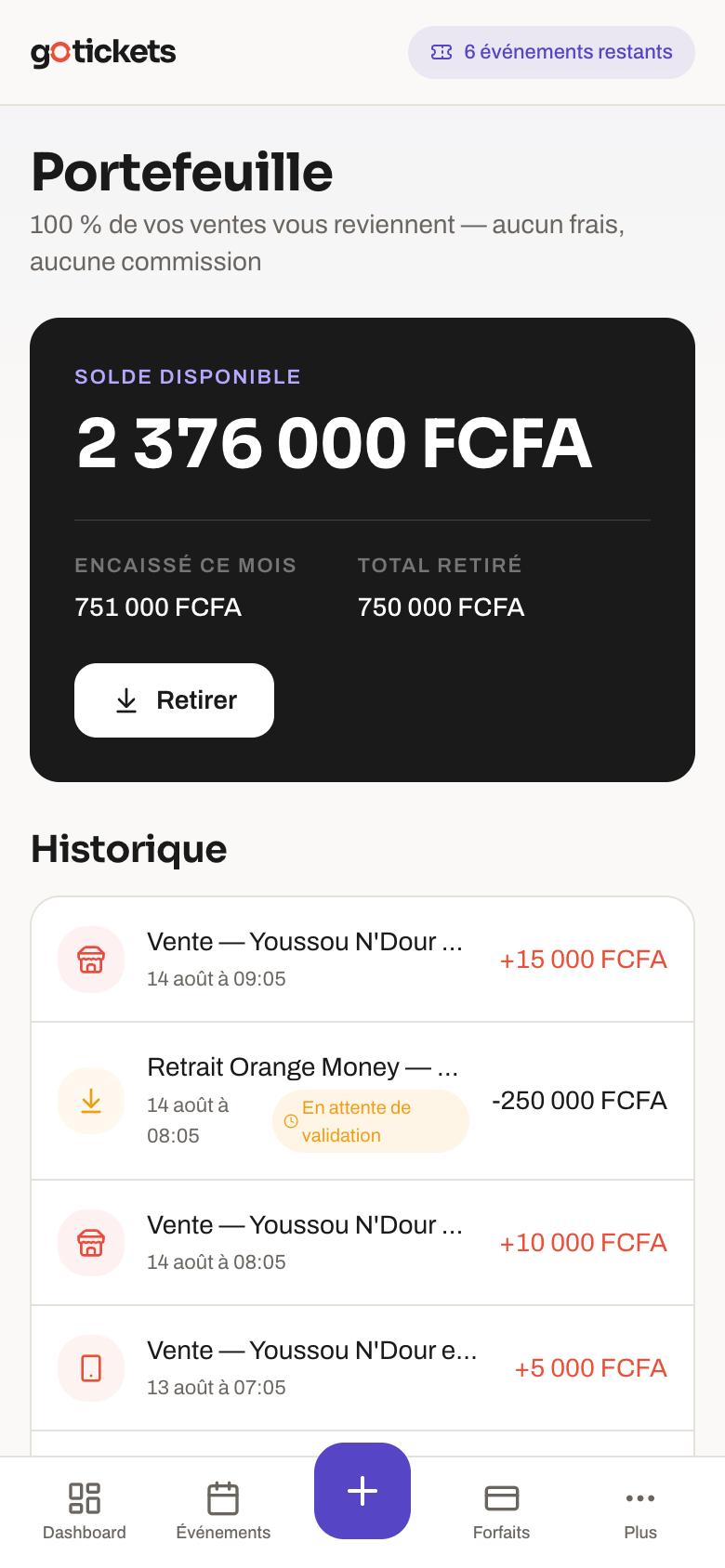 Portefeuille organisateur GoTickets : solde et retraits Wave ou Orange Money