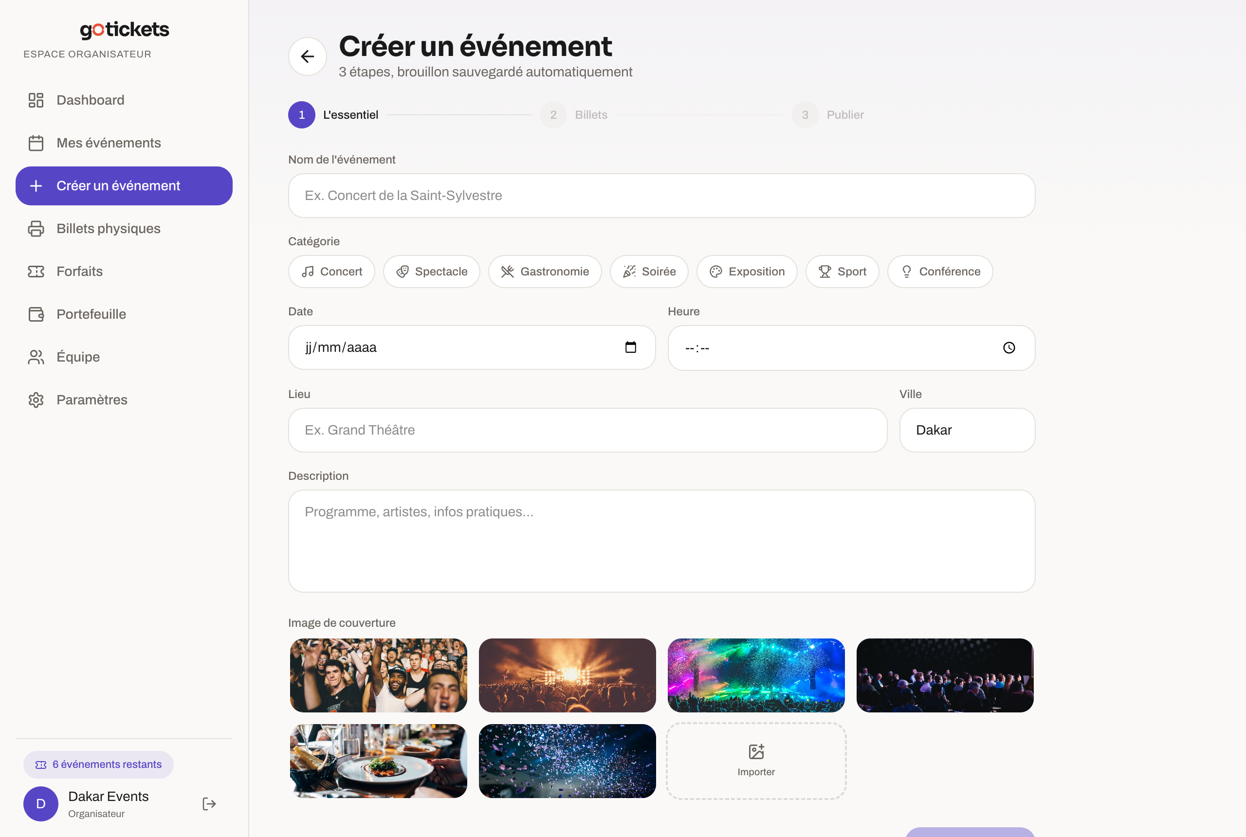 Wizard GoTickets de création d'événement en 3 étapes : essentiel, billets, publication