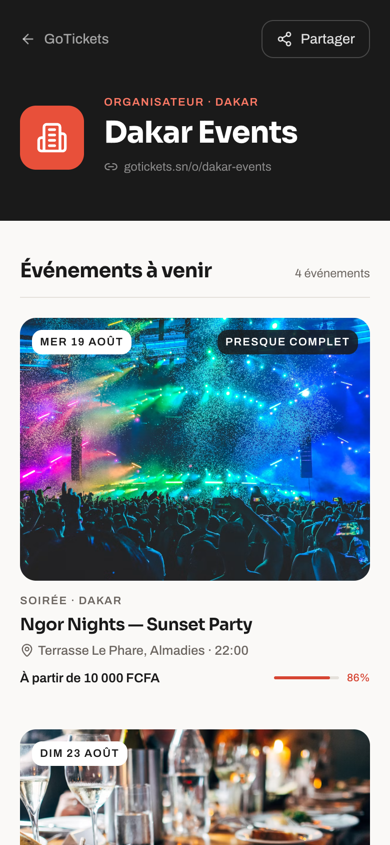 Page publique d'organisateur GoTickets regroupant tous ses événements
