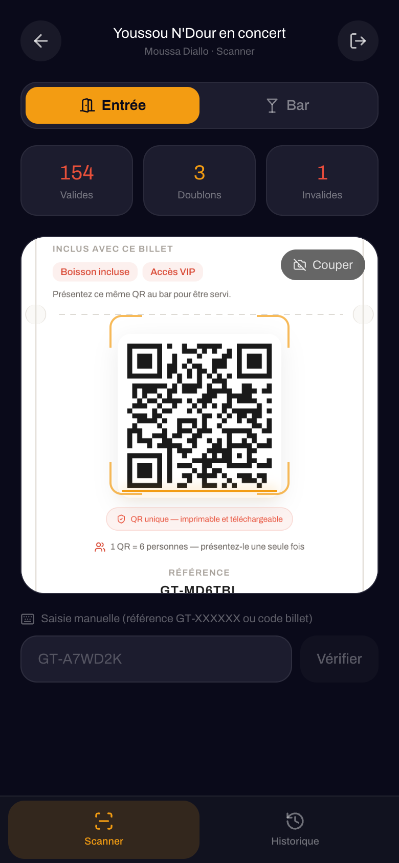 Scanner mobile GoTickets : validation des billets QR à l'entrée et au bar