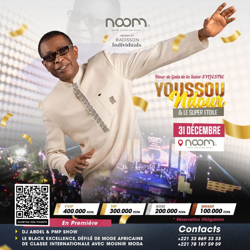 Affiche du dîner de gala de la Saint-Sylvestre avec Youssou Ndour au Noom Hotel Dakar